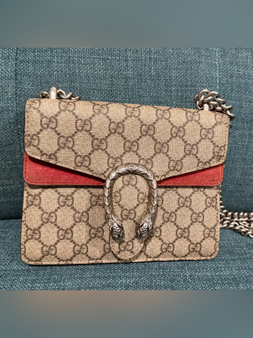 Gucci Dionysus Beige GG Supreme Crossbody with Red Accent and Silver Hardware